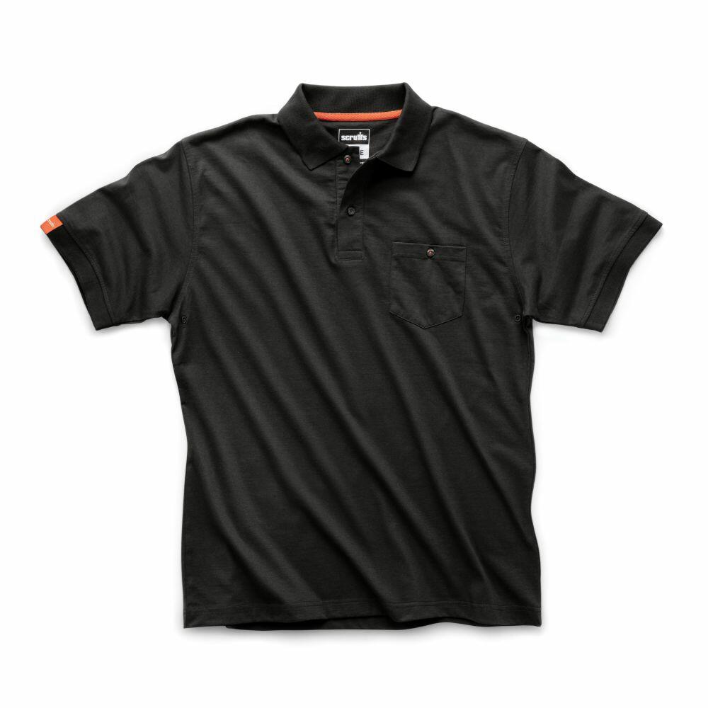 Introducing the Scruffs SH004: a classic black short-sleeve polo shirt featuring a front pocket, a three-button placket, and an eye-catching orange logo tag on the sleeve.