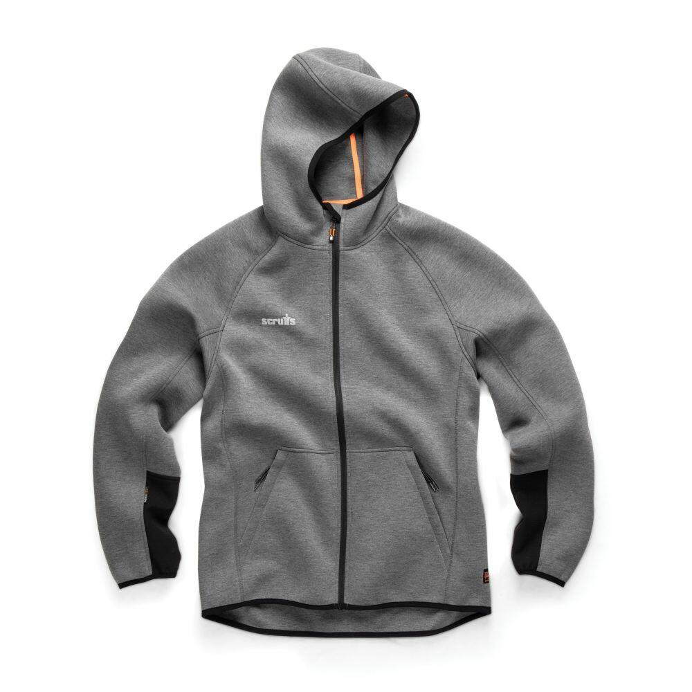 The SH021 by Scruffs is a gray hooded jacket with a front zipper and two pockets, highlighted by black accents and an embroidered logo on the chest.