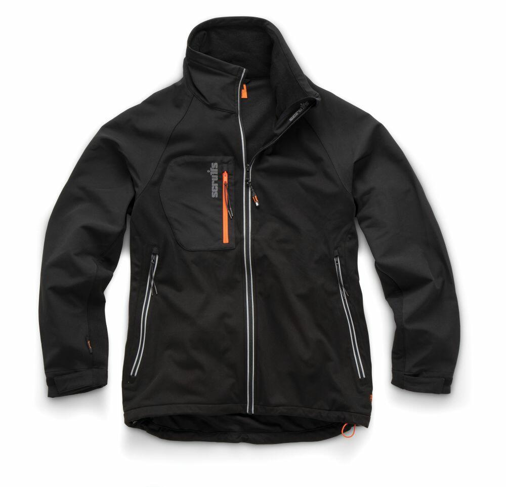 Scruffs SH026 jacket in black and gray, featuring orange zipper accents and two front pockets, laid flat.