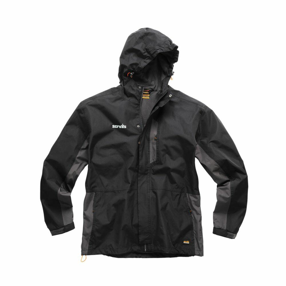 Scruffs SH051 hooded rain jacket in black and gray features a front zipper and a chest logo, displayed on a white background.