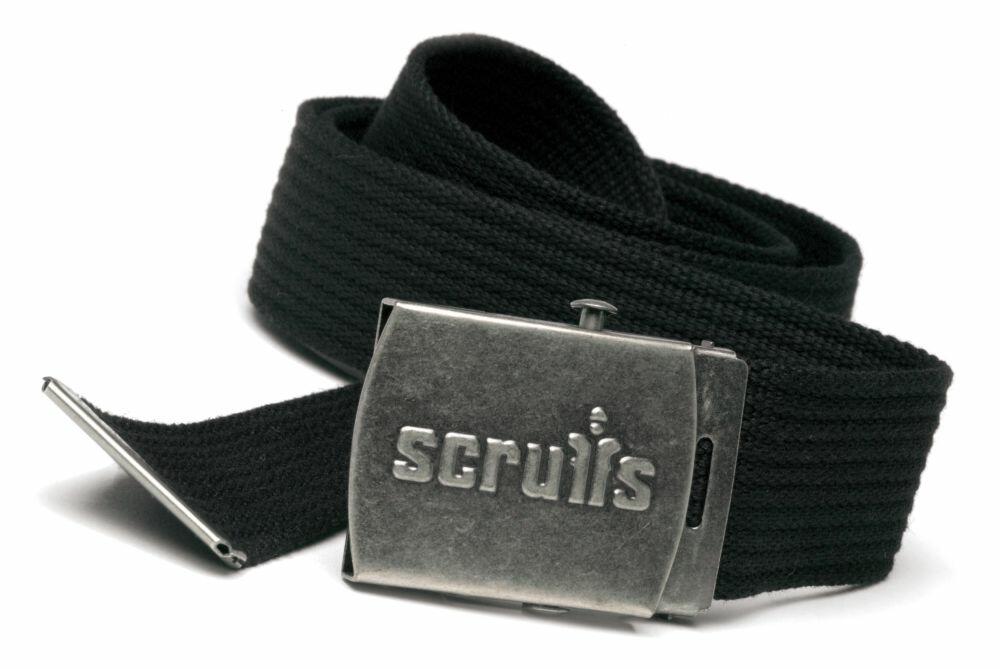 A black woven belt with a metallic buckle featuring the word "Scruffs," from the SH080 collection.