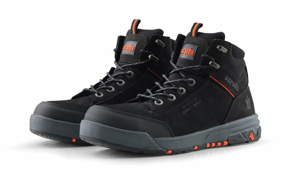 Scruffs SH083 high-top work boots in black and gray, featuring orange accents and rugged soles.
