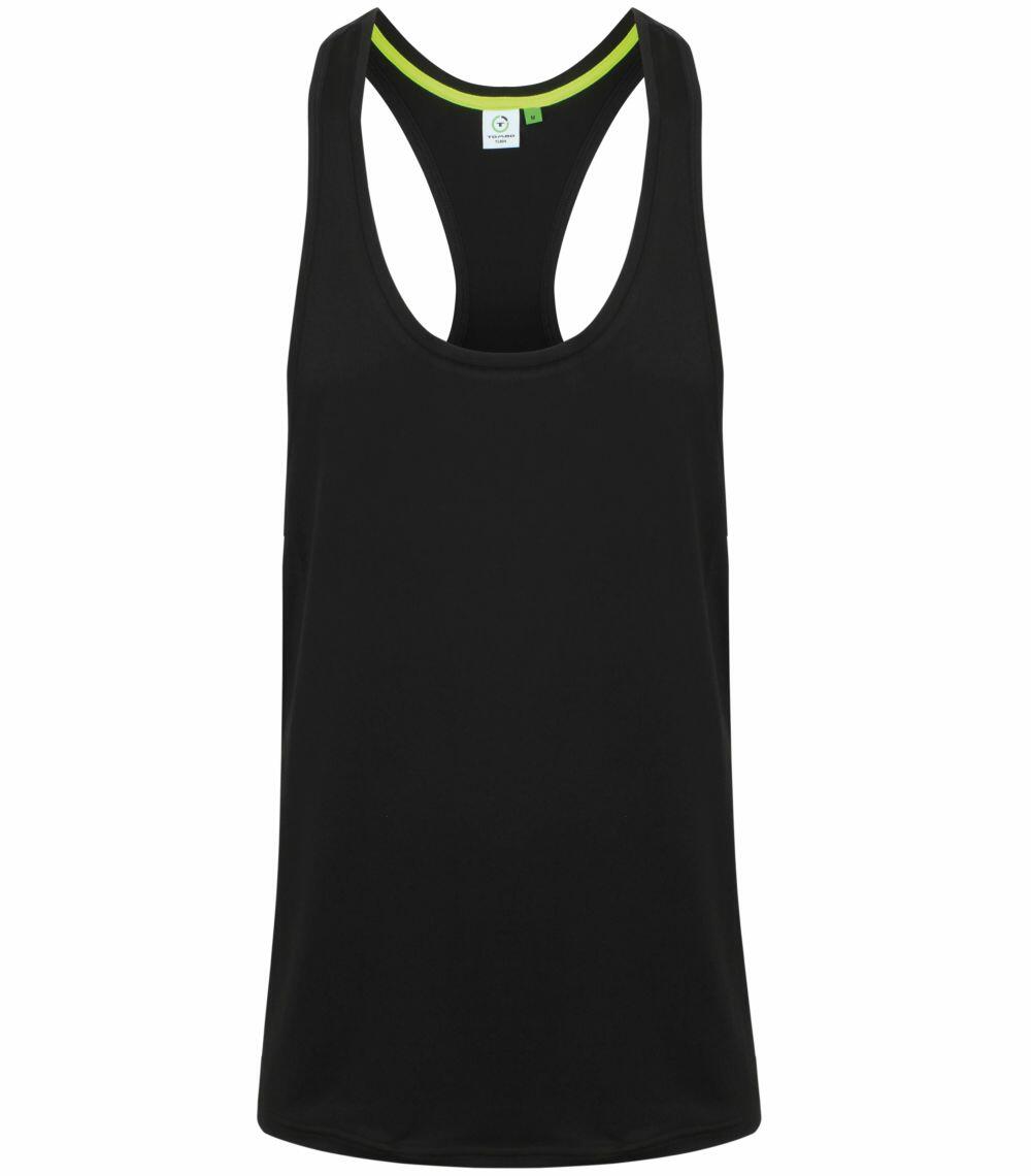 Tombo TL504 black sleeveless athletic tank top featuring a racerback design displayed against a white background.