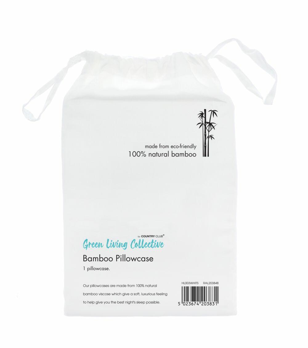 White drawstring bag displaying text: "Home & Living HL003 Bamboo Pillowcase, made from 100% natural bamboo.