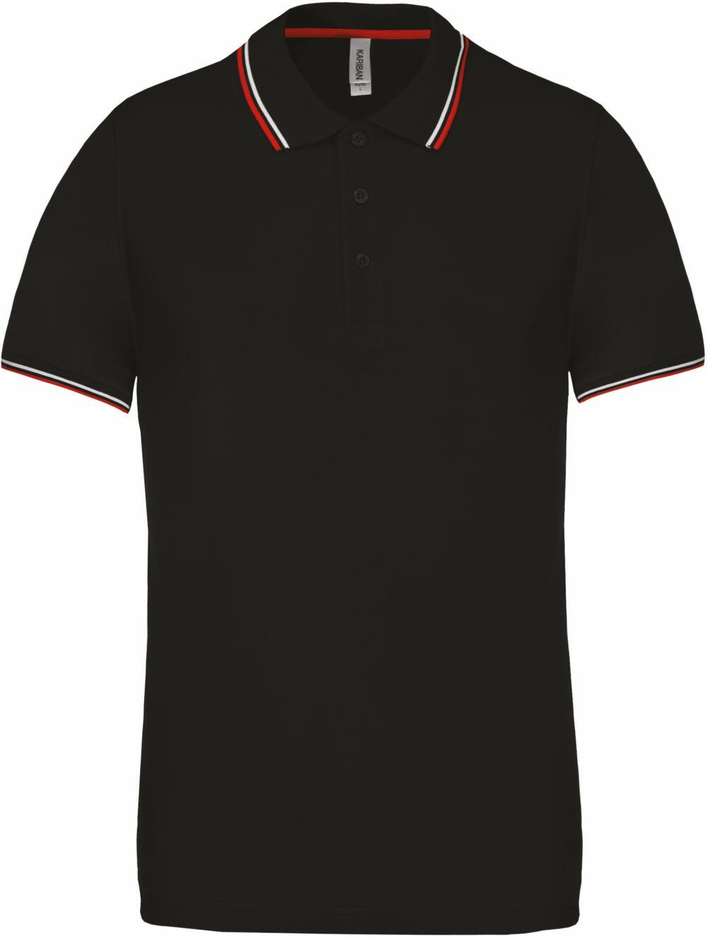 Kariban's KB250 features a black polo shirt with white and red trim on the collar and sleeves.
