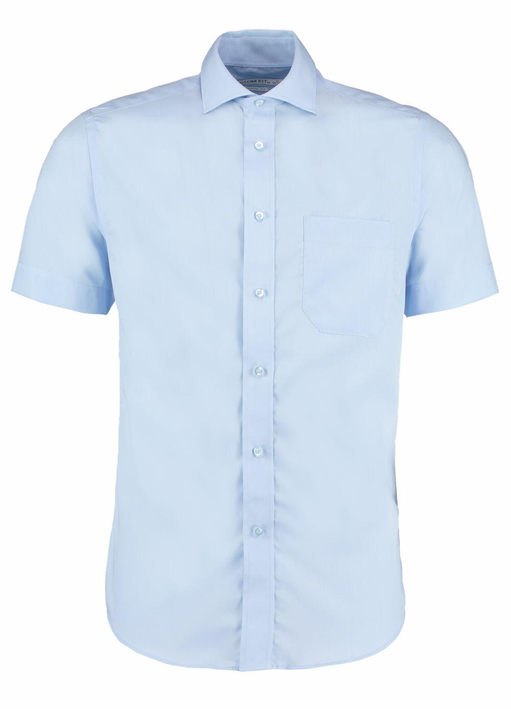 The KK115 by Kustom Kit is a light blue short-sleeve button-up shirt featuring a single chest pocket, showcased against a white background.