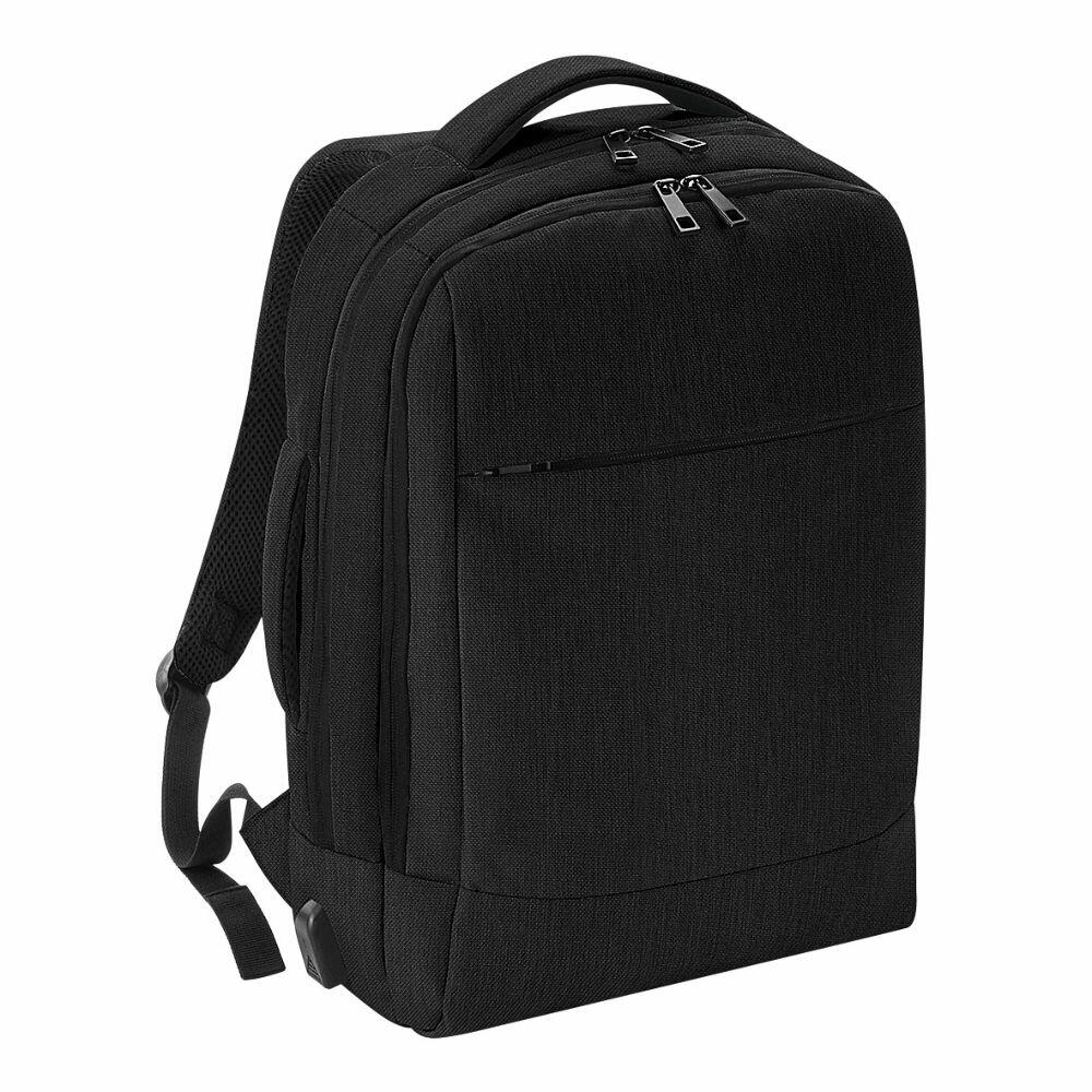 A versatile backpack by Quadra, model QD990, featuring a sleek black rectangular design with adjustable straps and multiple zippered compartments.