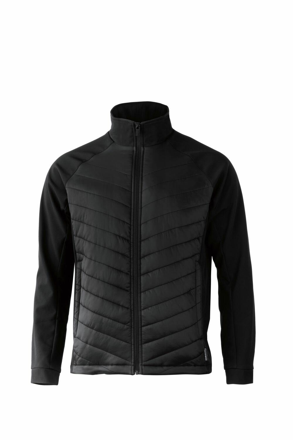 The NP09M by Nimbus Play is a black zip-up jacket featuring a quilted front panel, long sleeves, and a stand-up collar.