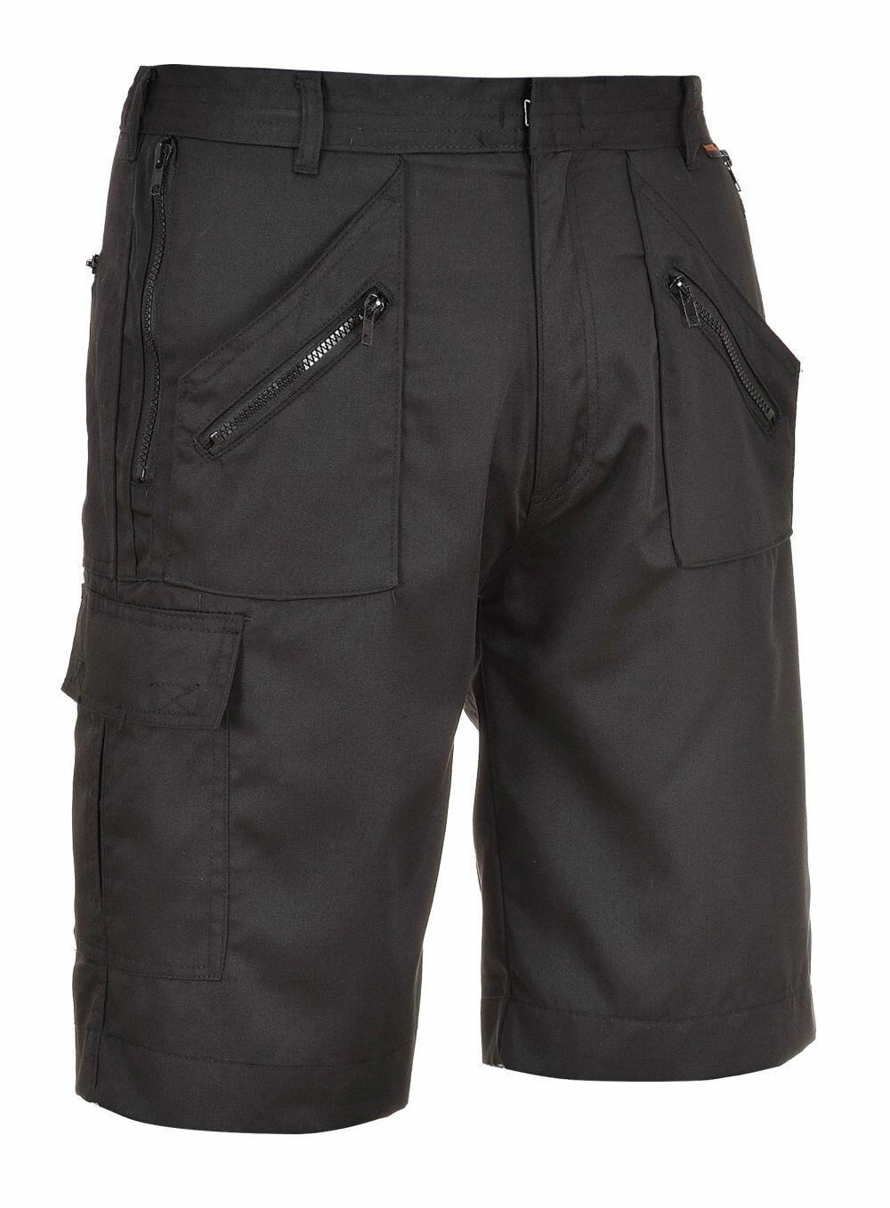 Portwest PW103 black cargo shorts featuring zipper pockets and belt loops.