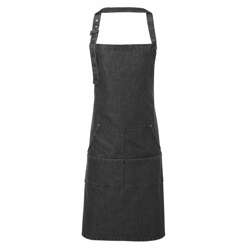 The PR126 by Premier is a black denim apron featuring multiple front pockets and an adjustable neck strap.