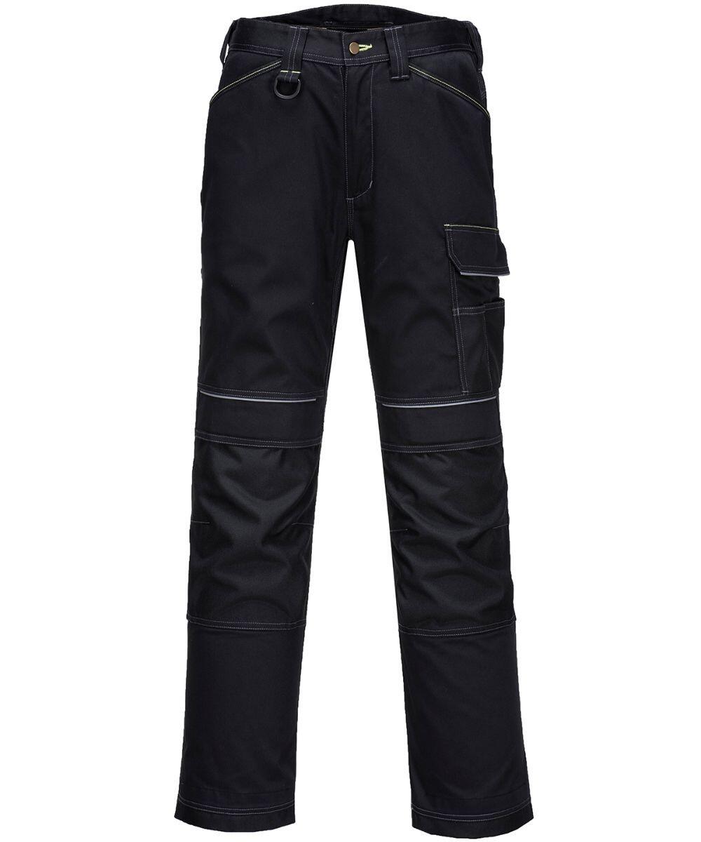 Portwest PW364 work pants in black, featuring reinforced knee pads and multiple pockets.