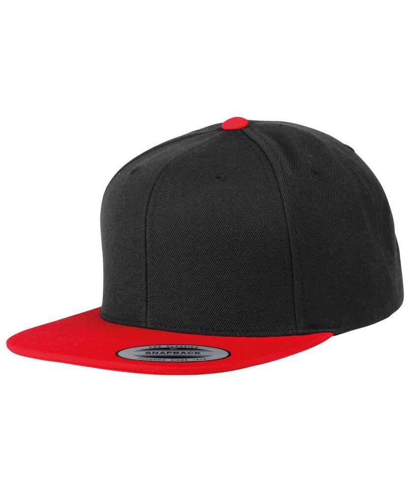 The YP010 snapback cap by Flexfit By Yupoong features a black design with a contrasting red brim and button.
