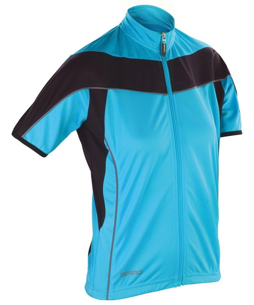 Spiro's S188F short-sleeve cycling jersey in blue and black, featuring a front zipper and a high collar.
