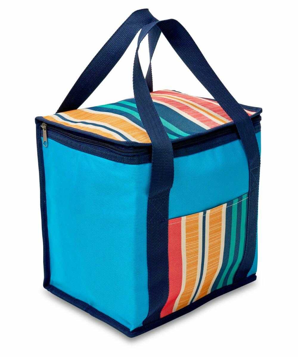 A blue insulated cooler bag with striped patterns in orange, yellow, blue, and red on the top and side pocket, featuring navy blue handles and zipper closure is the HL203 from Home & Living.