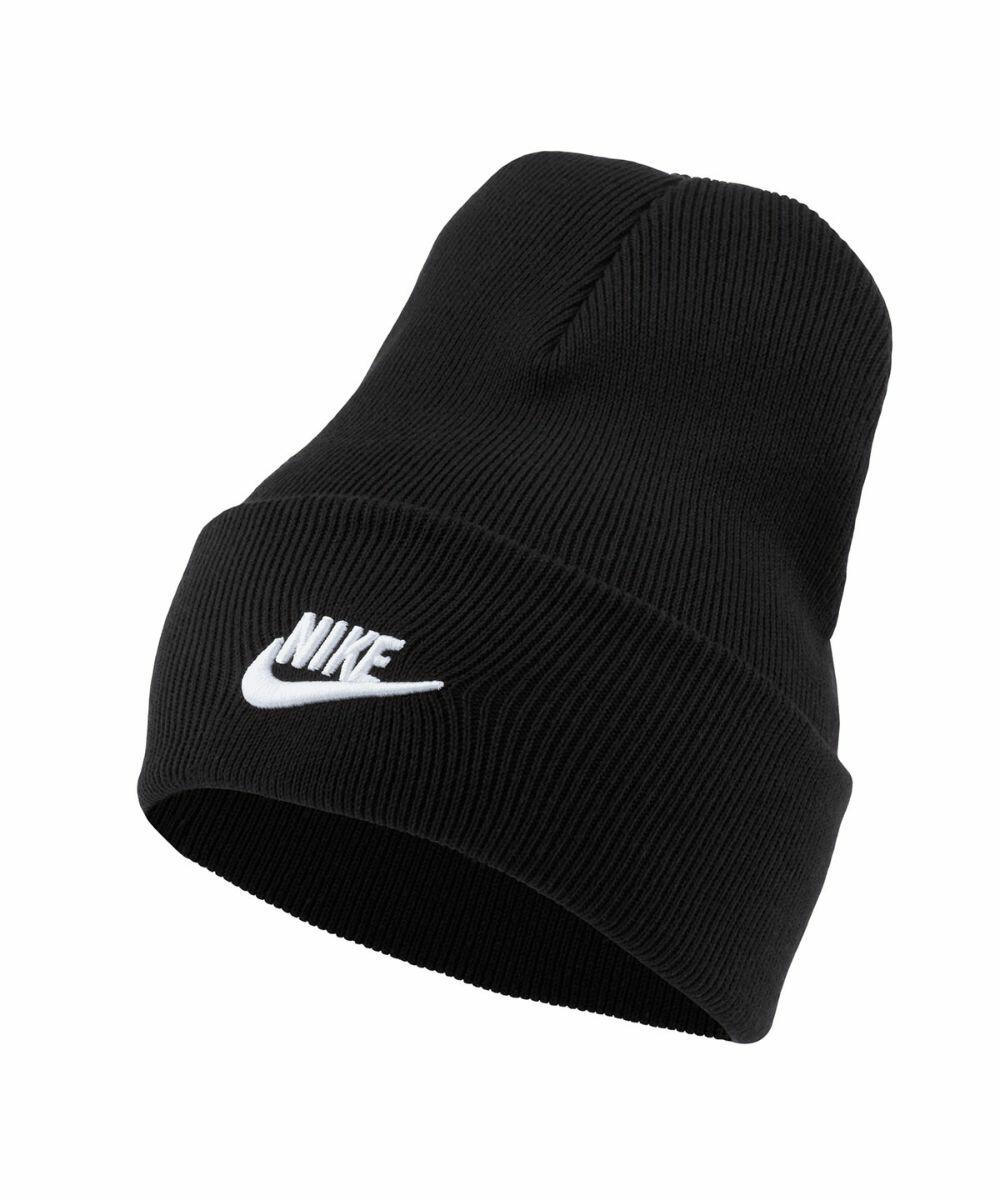 A black knit beanie with a folded brim and a white Nike logo embroidered on the front is the NK334 by Nike.