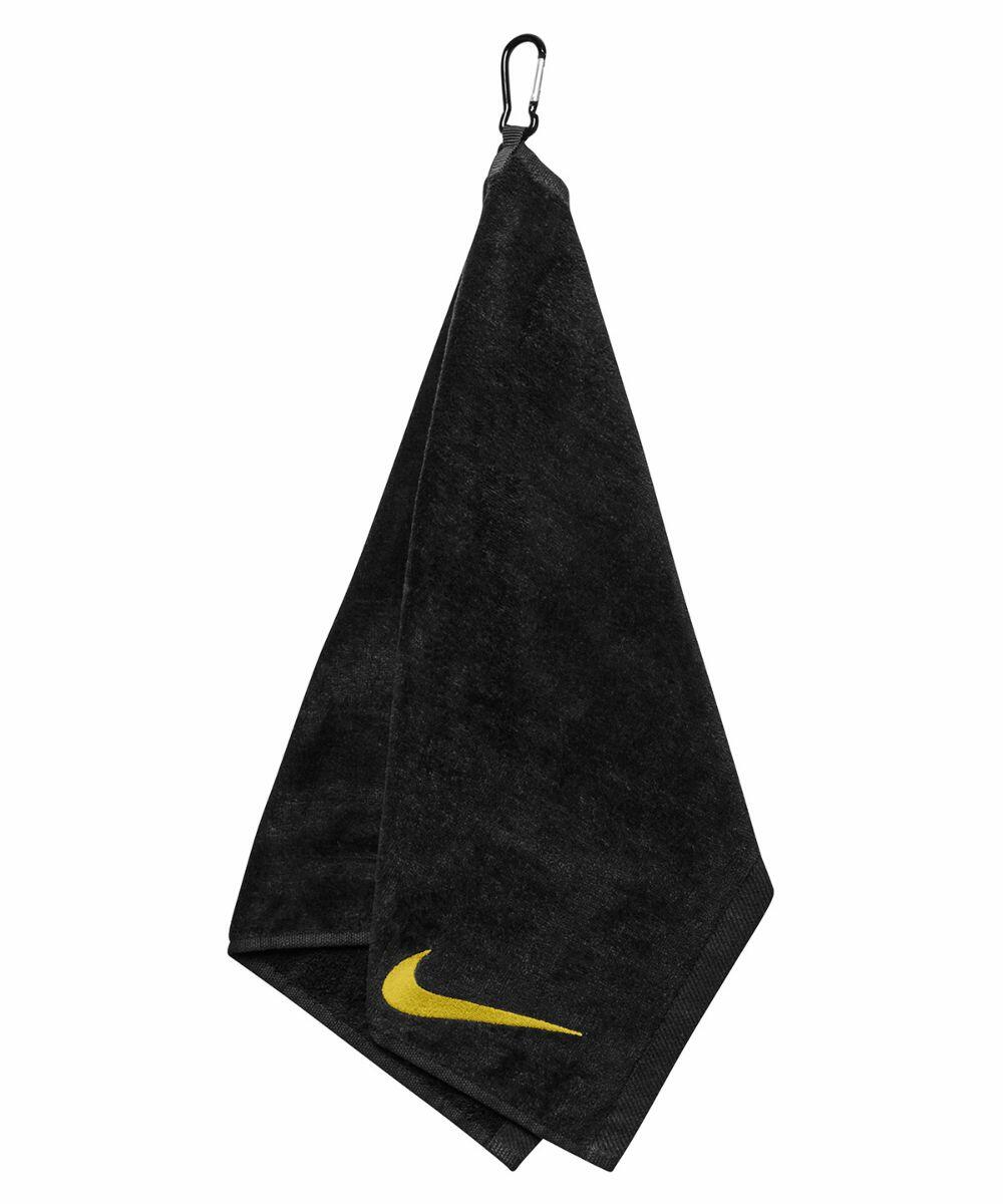 Black NK348 with a yellow Nike logo at one corner, hanging from a metal hook.