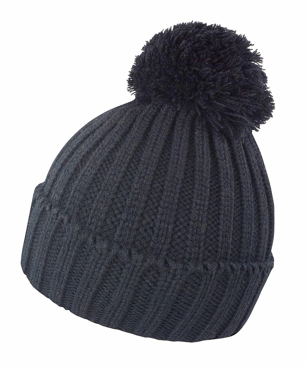 A black, ribbed knit beanie hat with a pom-pom on top, **Result R369X**.
