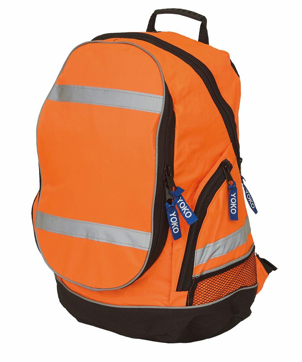 An orange and black backpack with reflective silver stripes and blue zipper pulls labeled "YK150" by Yoko.