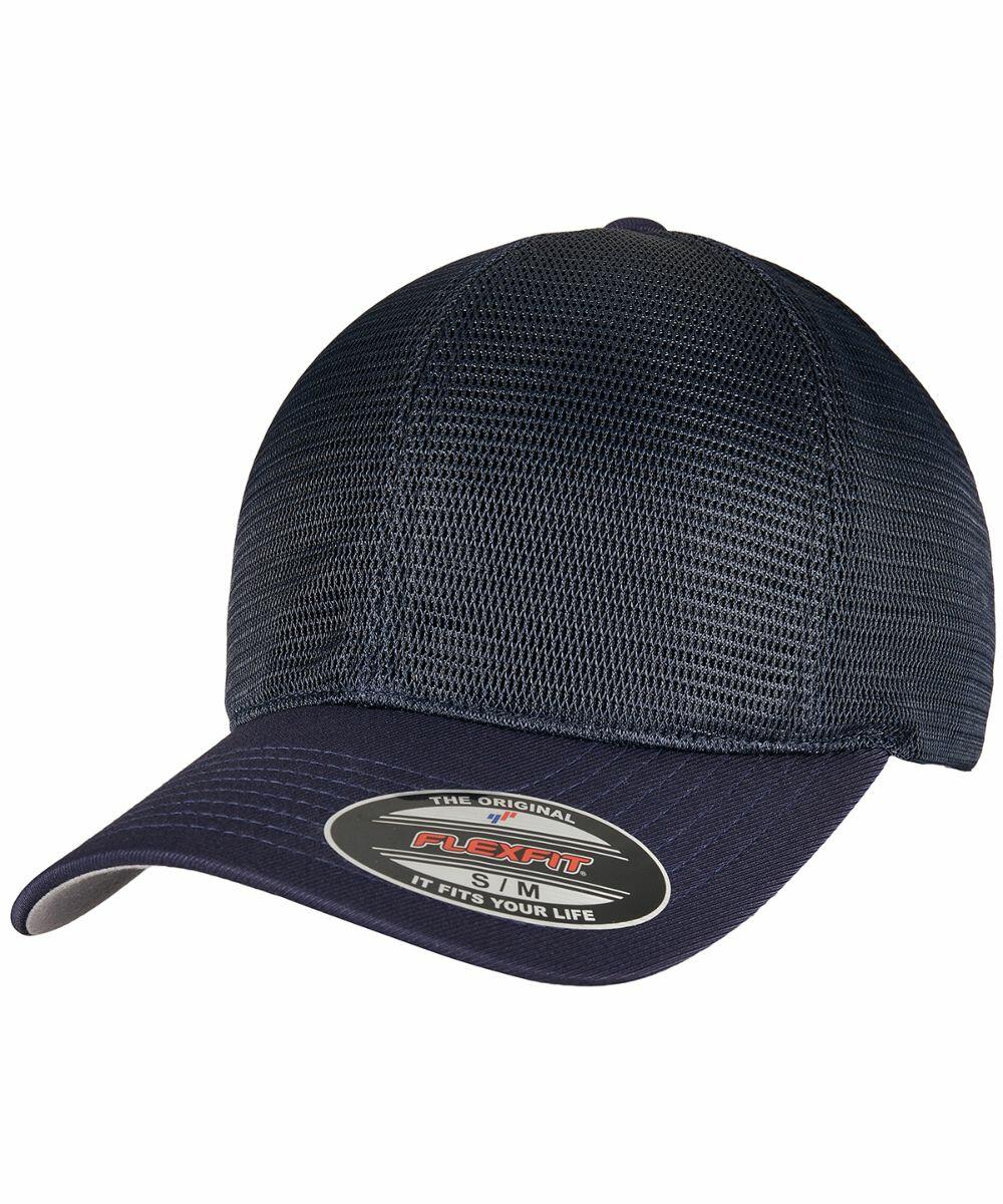 A navy blue mesh Flexfit By Yupoong YP148 baseball cap with a curved brim and a sticker on the front displaying the brand and size information.