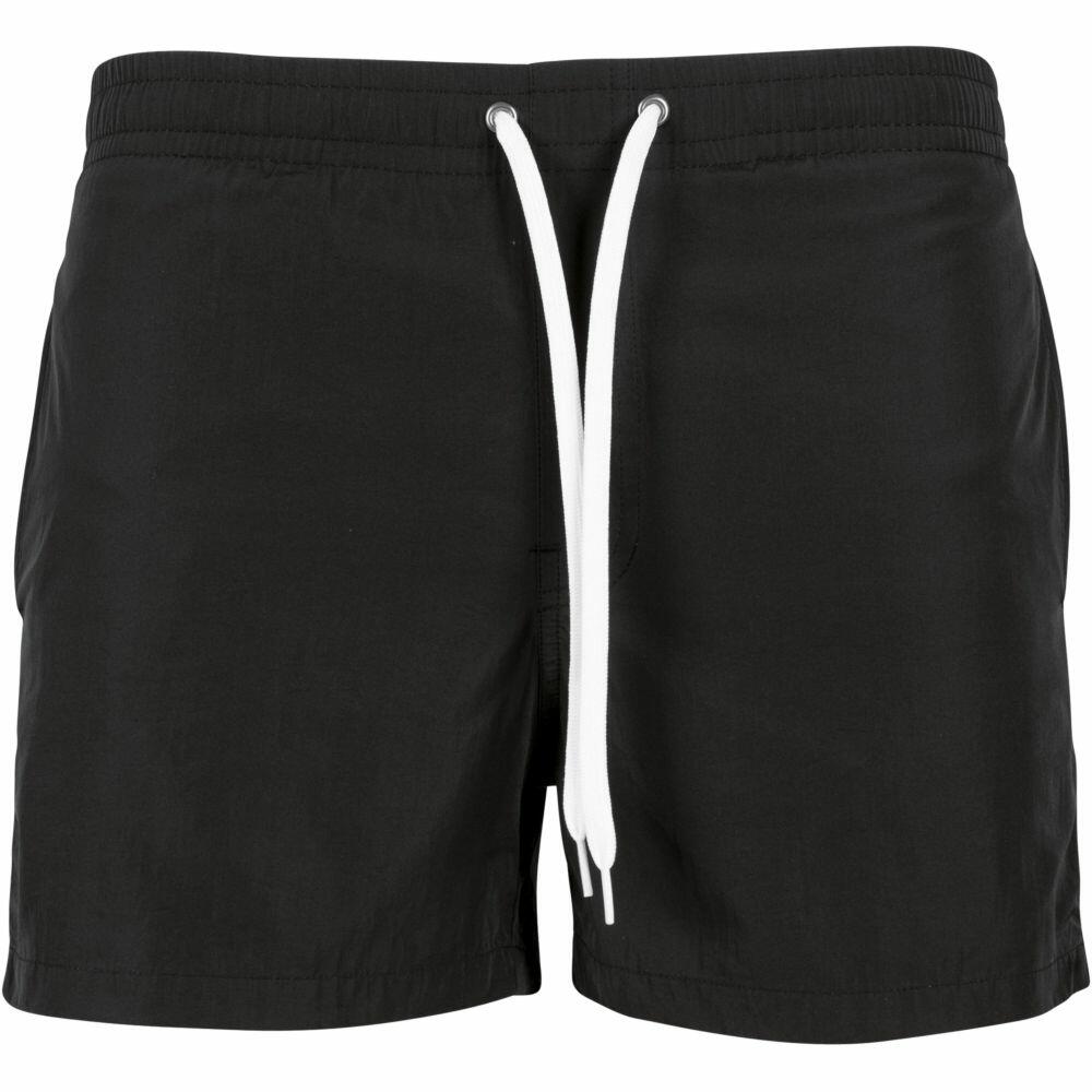 BY050 swim trunks from Build Your Brand, featuring black color and white drawstrings in the front.
