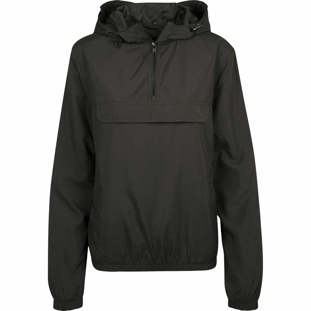 The BY095 from Build Your Brand is a black hooded jacket with a front zipper, flap pocket, and elastic cuffs and hem.