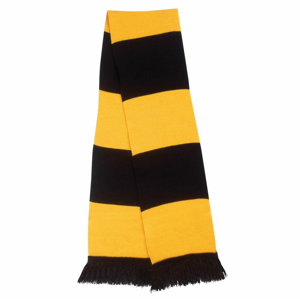 Product R146X from Result Winter Essentials features a bold yellow and black striped design with stylish fringed ends.