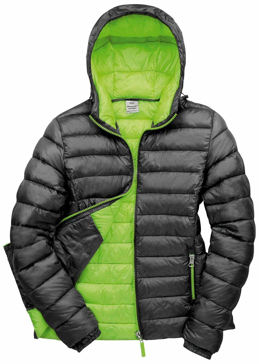 The R194F by Result Urban Outdoor is a black and green puffer jacket featuring a hood, unzipped to showcase a vibrant green interior.