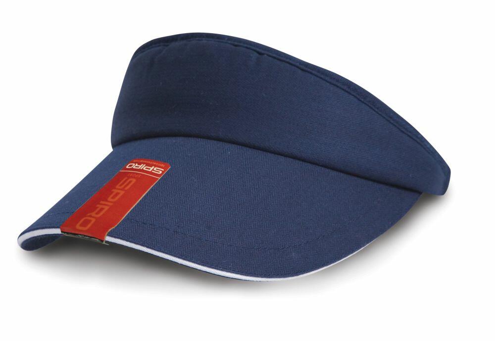 Navy blue sports visor featuring a red label with "Spiro" on the front, part of the Result Headwear RC48X collection.