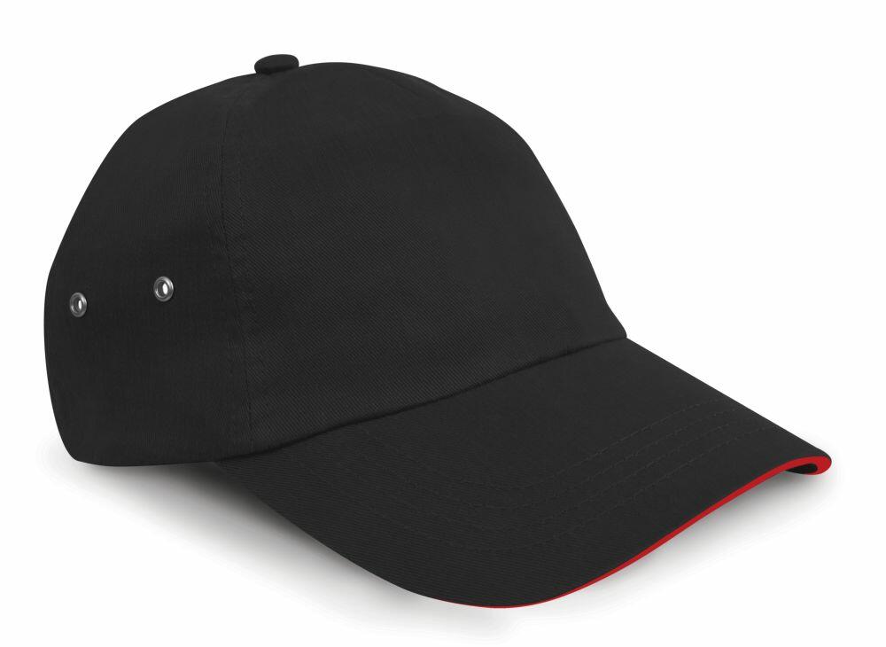 A Result Headwear RC72X black baseball cap featuring a red underside and metal eyelets on the side.