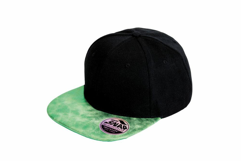 RC87X cap by Result Headwear featuring a black design, a green brim, and a sticker on the front.