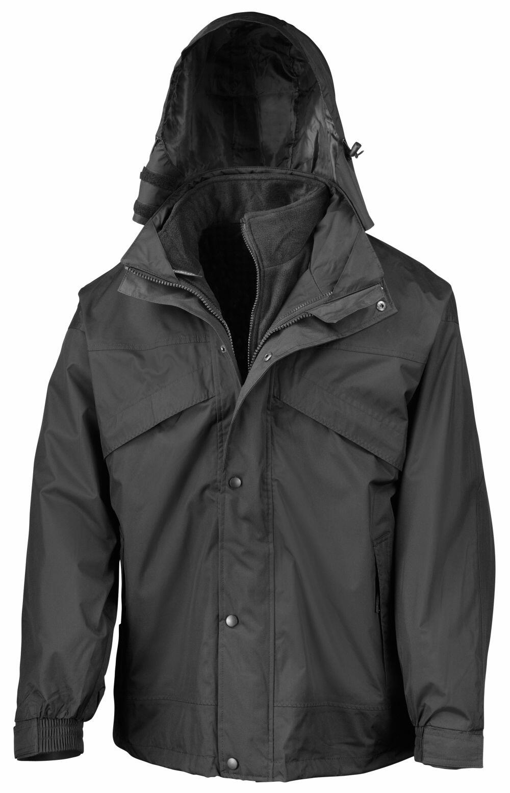 Introducing the RE68A by Result: a versatile black hooded jacket featuring a zippered front, button closures, and multiple pockets. Designed for outdoor wear, it boasts an extended hood and long sleeves for optimal protection.