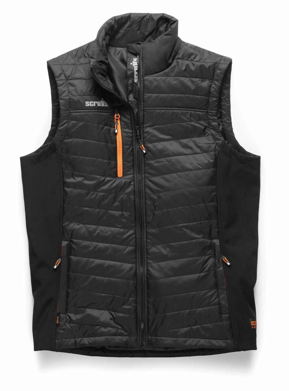 Quilted black vest with orange zipper accents, showcasing the Scruffs logo on the chest, named SH024.