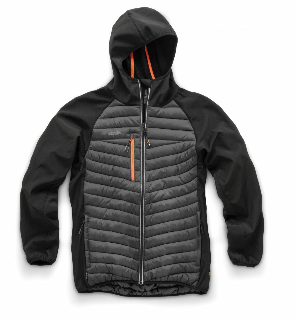 The Scruffs SH033 is a black and gray hooded jacket, featuring quilted front panels, long sleeves, and orange zipper accents.
