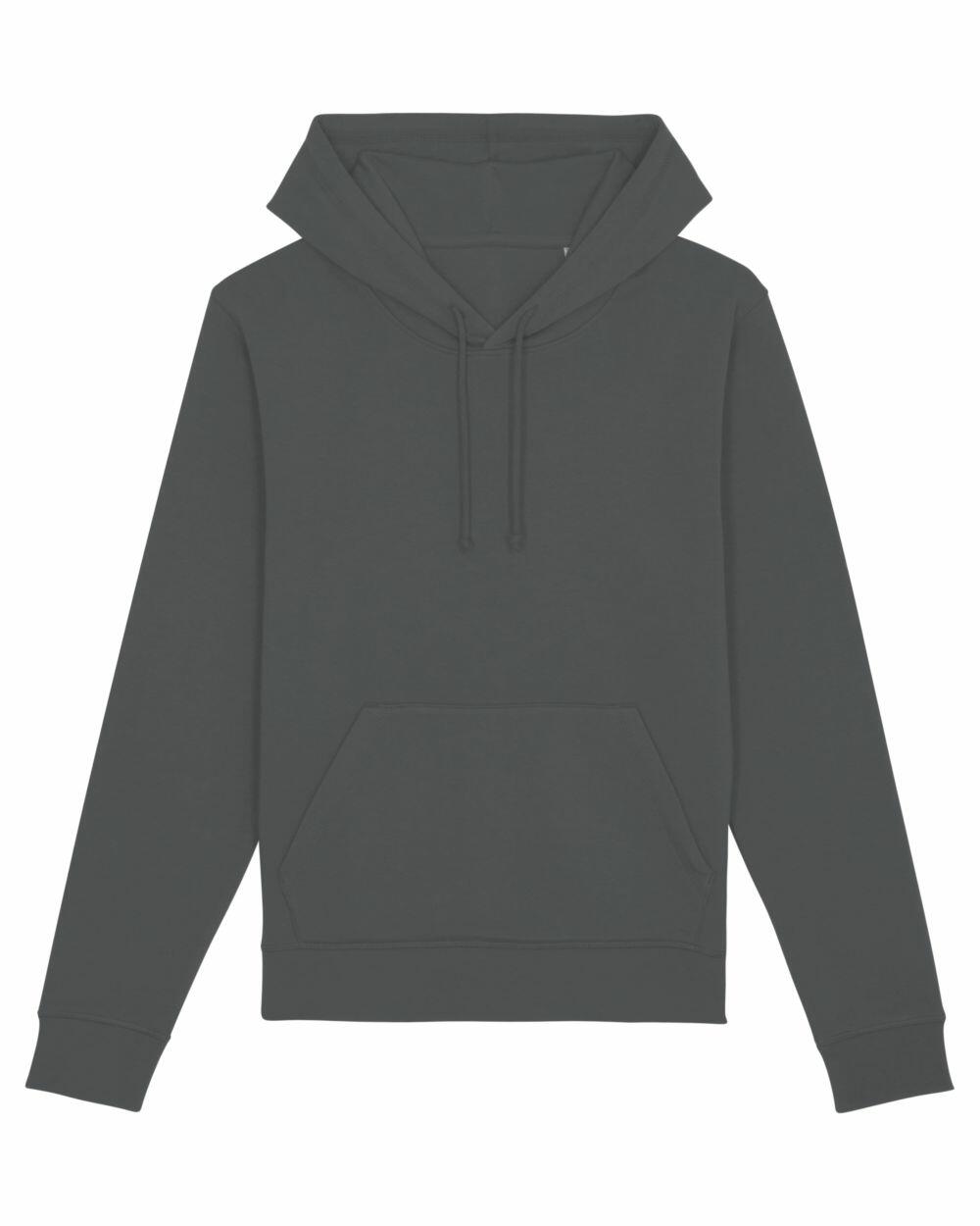 Stanley/Stella SX089 hoodie in dark green, featuring drawstrings and a front pocket, is laid flat against a white background.