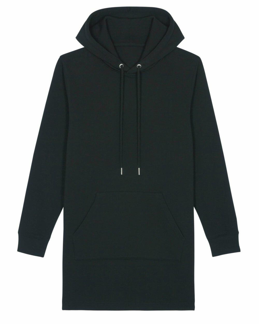 SX121 by Stanley/Stella is a black hooded sweatshirt featuring long sleeves and a front pocket.