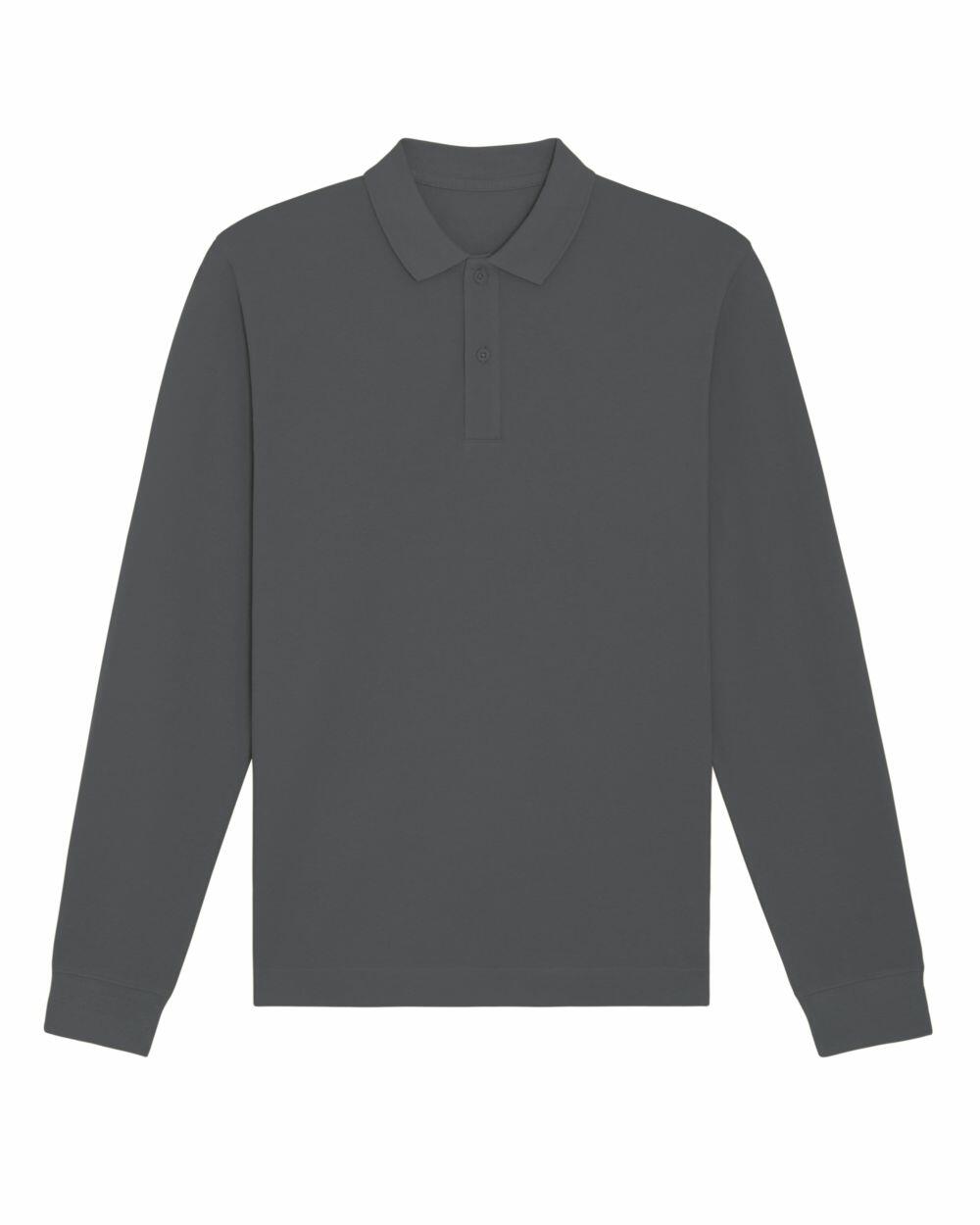 Product SX127 by Stanley/Stella, featuring a dark gray, long-sleeve polo design with a collar and three buttons, is displayed laid flat on a white background.
