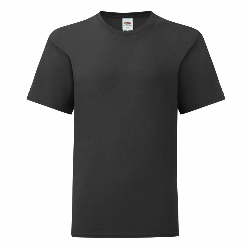 Fruit of the Loom's SS023, a plain black T-shirt featuring a round neckline and short sleeves, displayed against a white background.