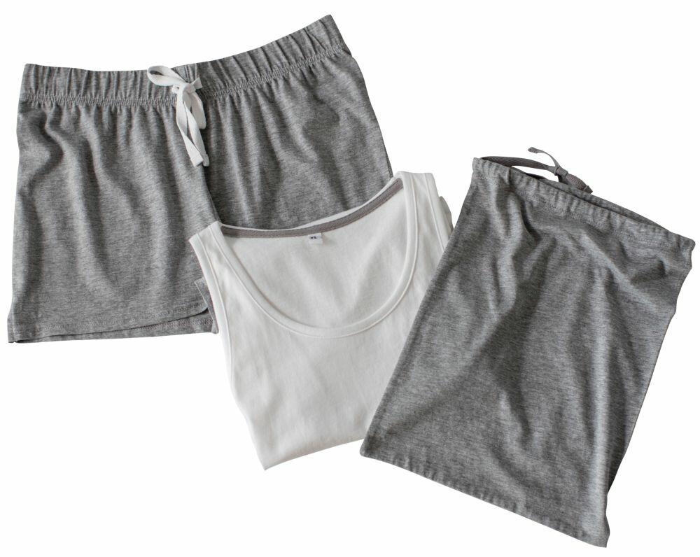 Towel City's TC052 shorts and pants in gray are arranged next to a white tank top on a white surface.