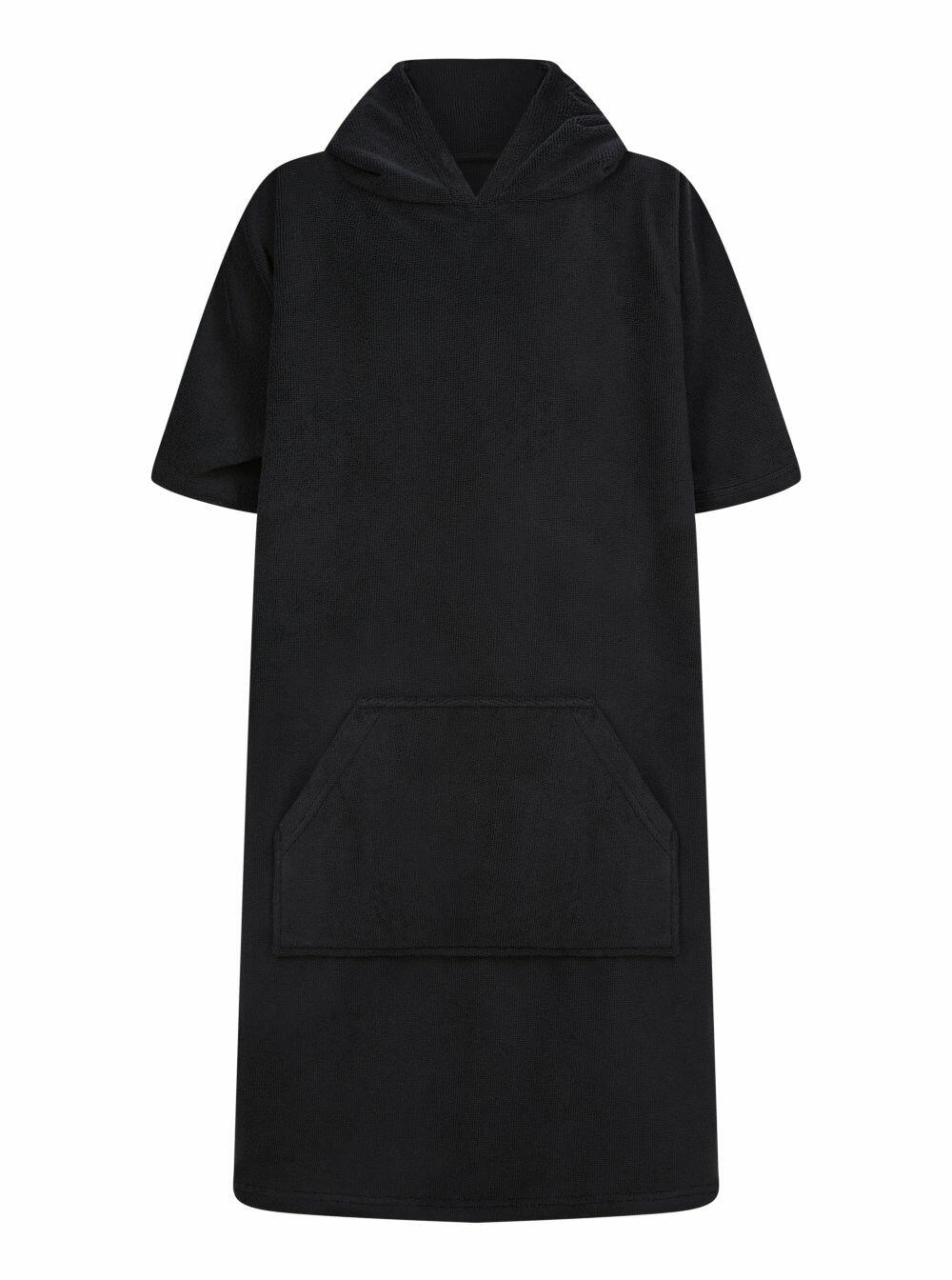 TC811 by Towel City is a black hooded robe featuring short sleeves and a front pocket.