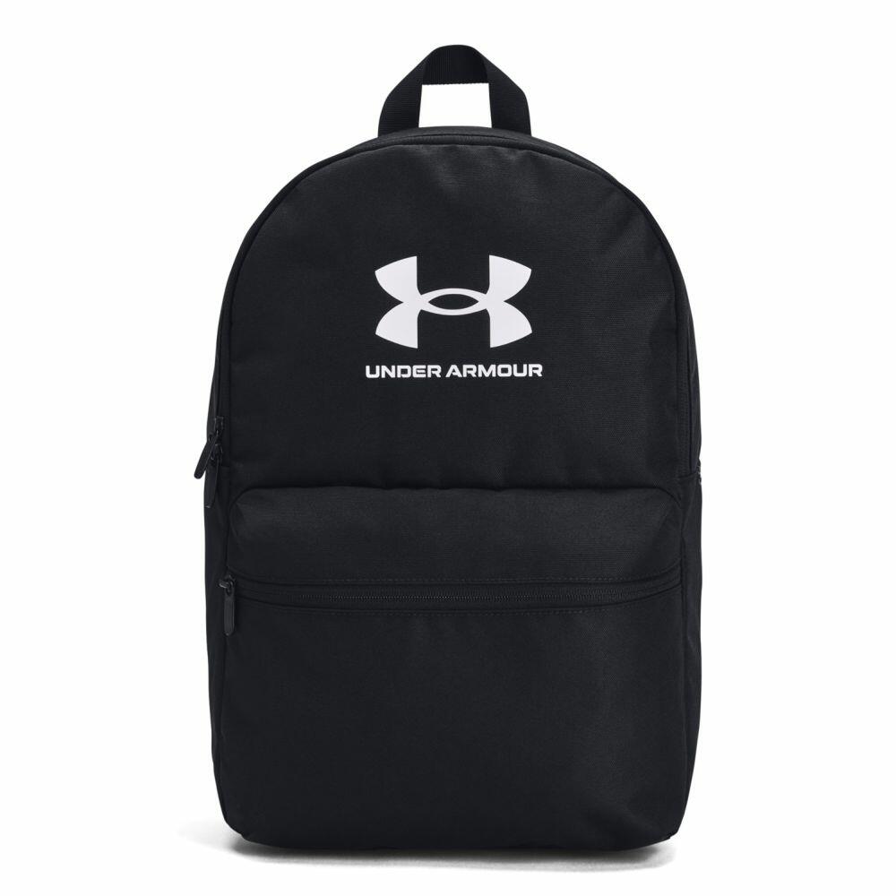 An Under Armour backpack model UA056, featuring a black design with a white logo on the front pocket and a top handle.