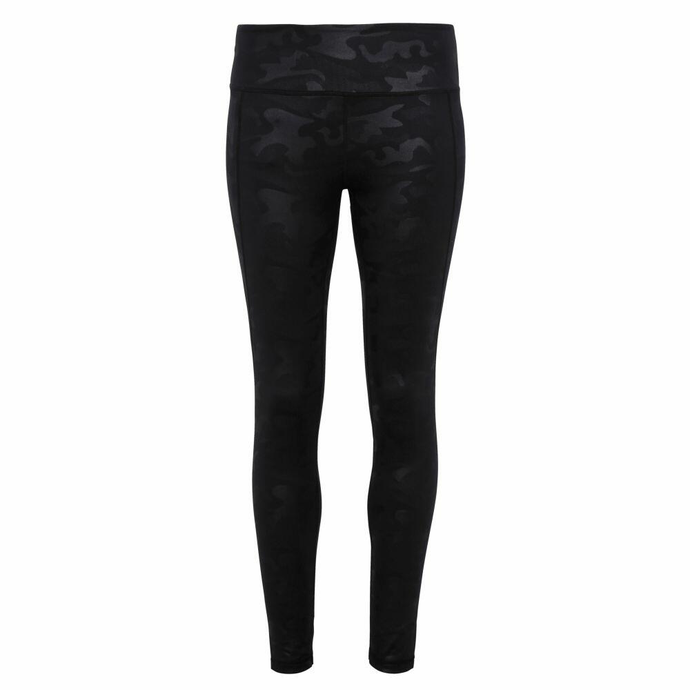 Tri-Dri's TR038 leggings in a black camouflage pattern, featuring a wide waistband and front view display.