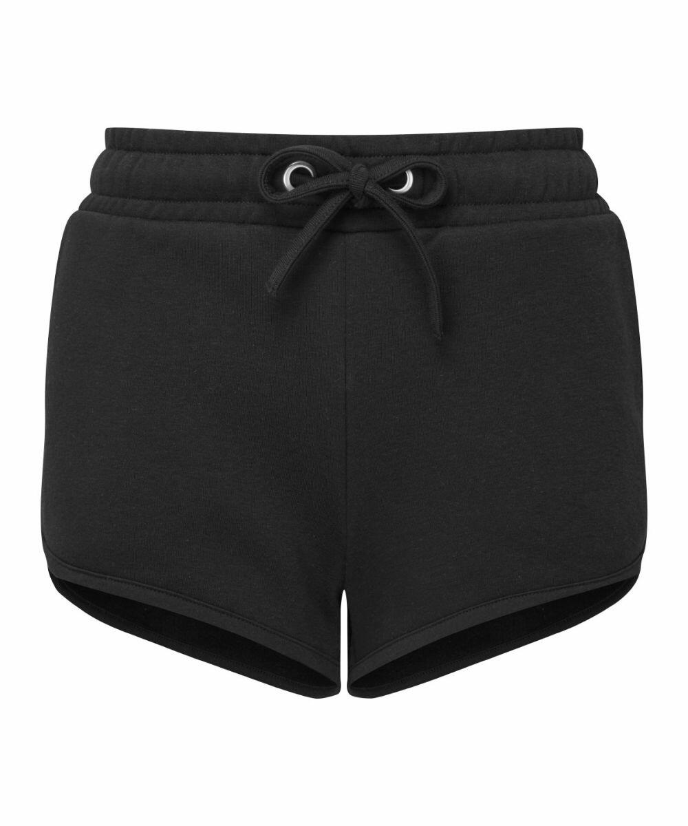 The TR063 black drawstring shorts by Tri-Dri feature an elastic waistband and are displayed against a white background.
