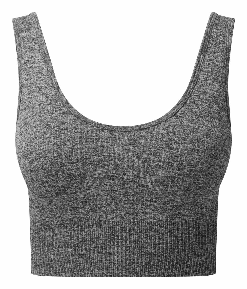 Tri-Dri's TR213, a gray sleeveless ribbed tank top featuring a scoop neckline, showcased against a plain white background.