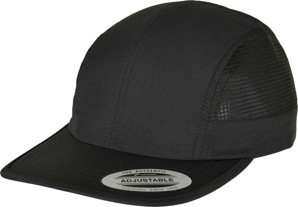 Flexfit By Yupoong's YP213 adjustable mesh-back cap in black, featuring a sticker on the brim.