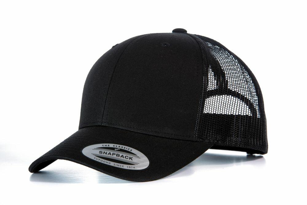 YP023 by Flexfit By Yupoong, a black snapback trucker hat featuring a mesh back and curved brim, displayed at an angle.
