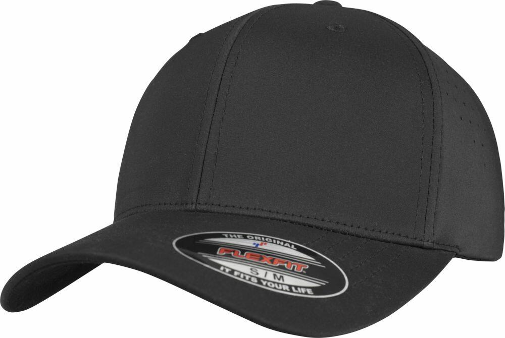 The Flexfit By Yupoong YP114 is a black baseball cap featuring a curved brim and a front sticker.
