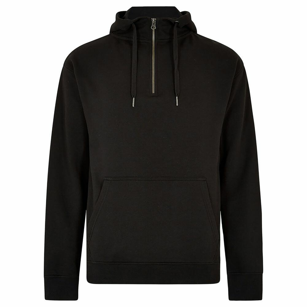 The KK336 from Kustom Kit is a black pullover hoodie featuring a front zipper, drawstrings, and a spacious front pocket.