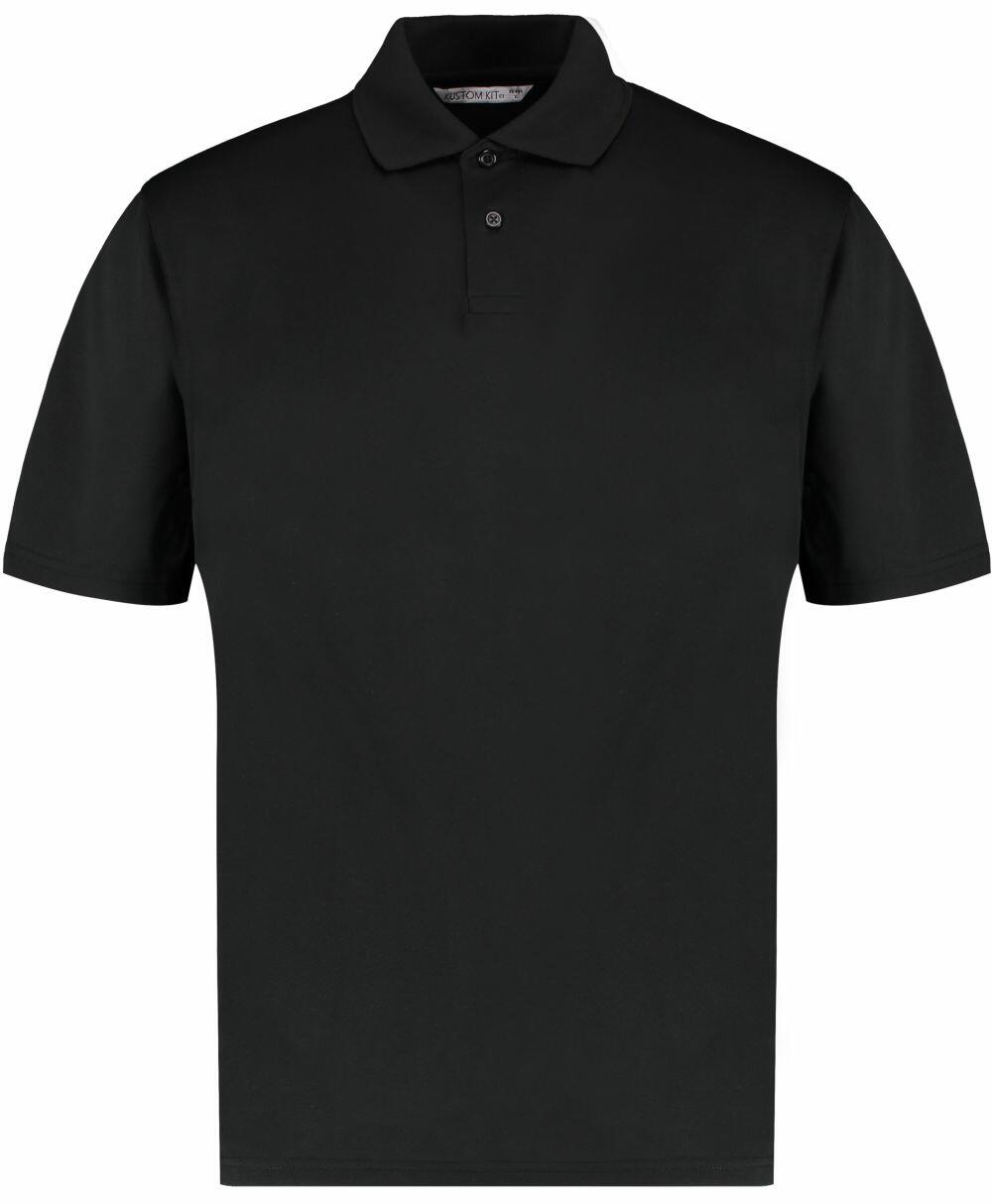Kustom Kit's KK444 is a black polo shirt featuring short sleeves and a folded collar.