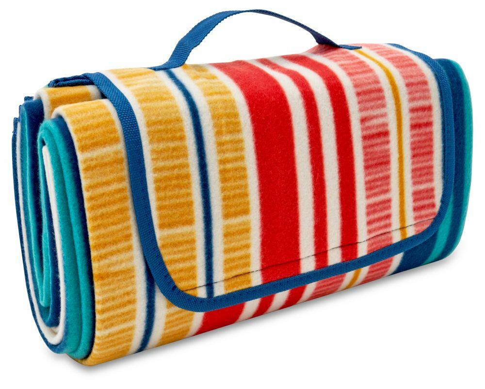 A Home & Living HL220 picnic blanket, featuring red, yellow, and blue stripes with a carry handle for easy transport.