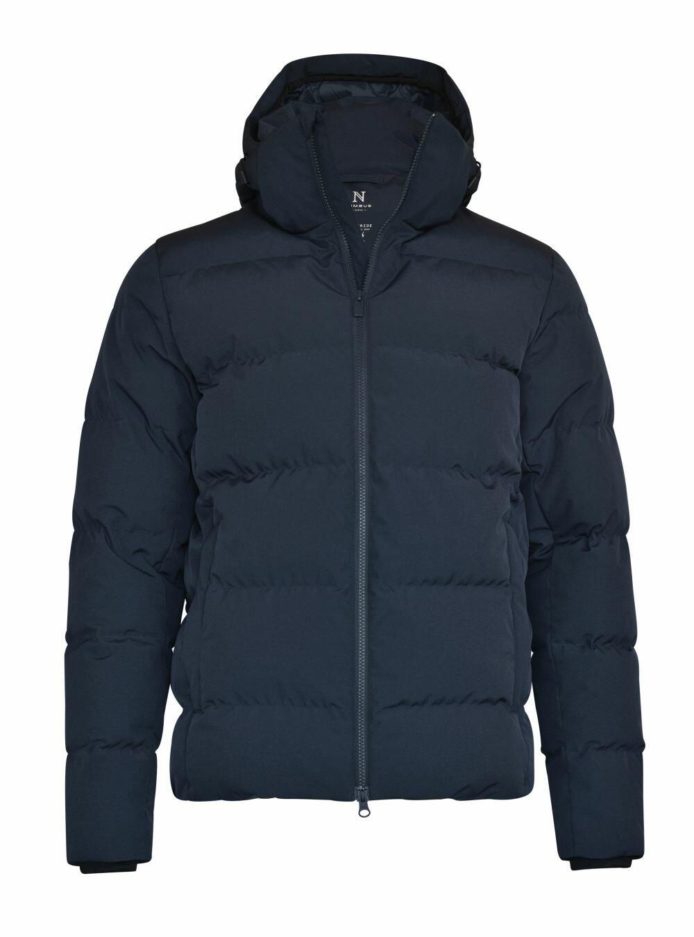 A black hooded puffer jacket with a front zipper from the Nimbus collection, product name NB120.